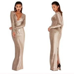 MARREO' Gold Sequinned Plunge Neck Maxi Gown